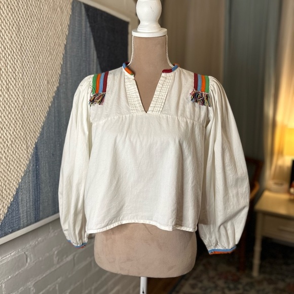Urban Outfitters 100% Cotton White Babydoll Blouse with Rainbow Trim - Picture 3 of 8